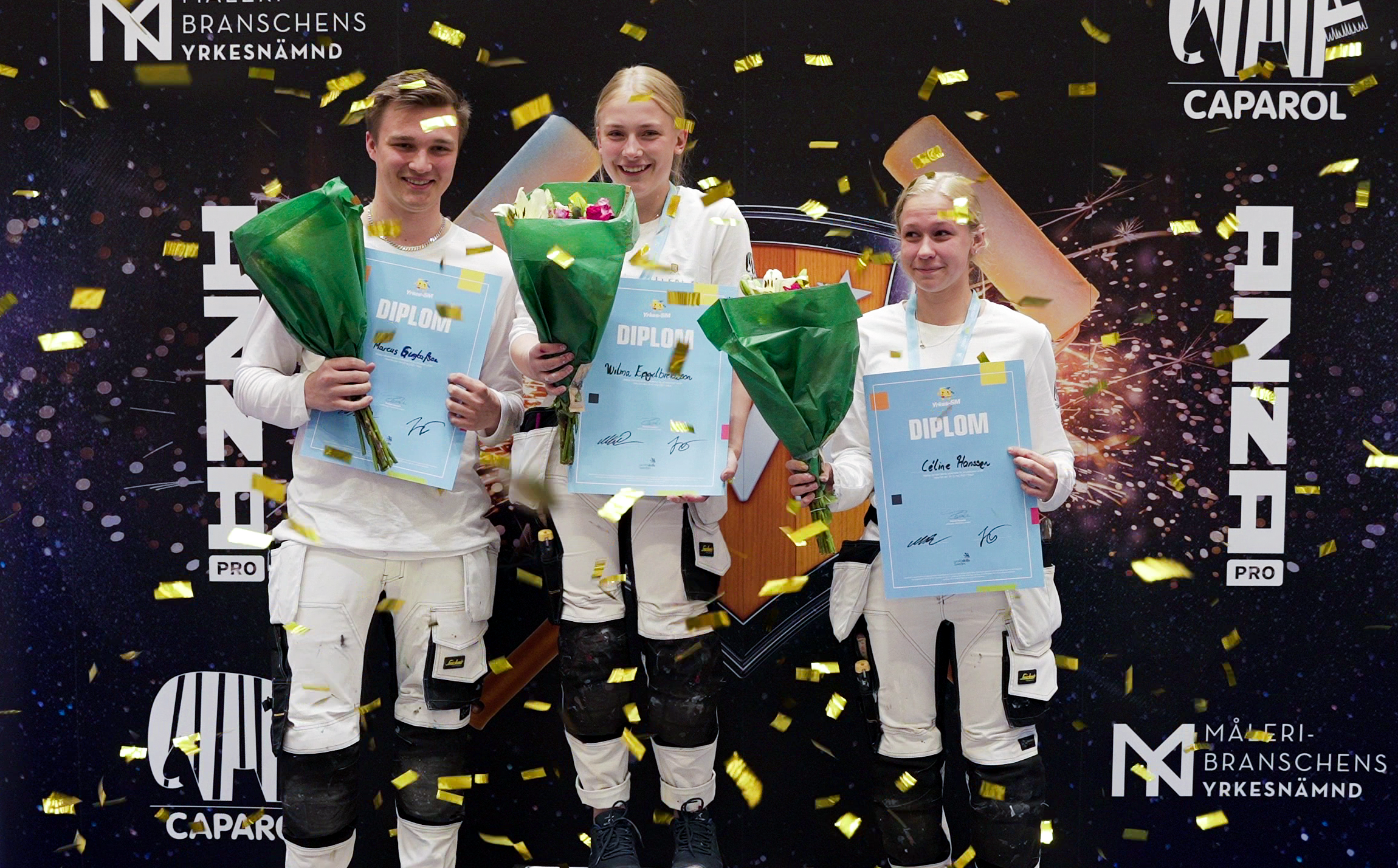 Vinnarna i Måleri-SM 2022 (fr v: Marcus Gustafsson, Rättvik (3:e plats), Wilma Engelbrektsson, Lidköping (1:a plats), Céline Hansen, Lidköping (2:a plats)